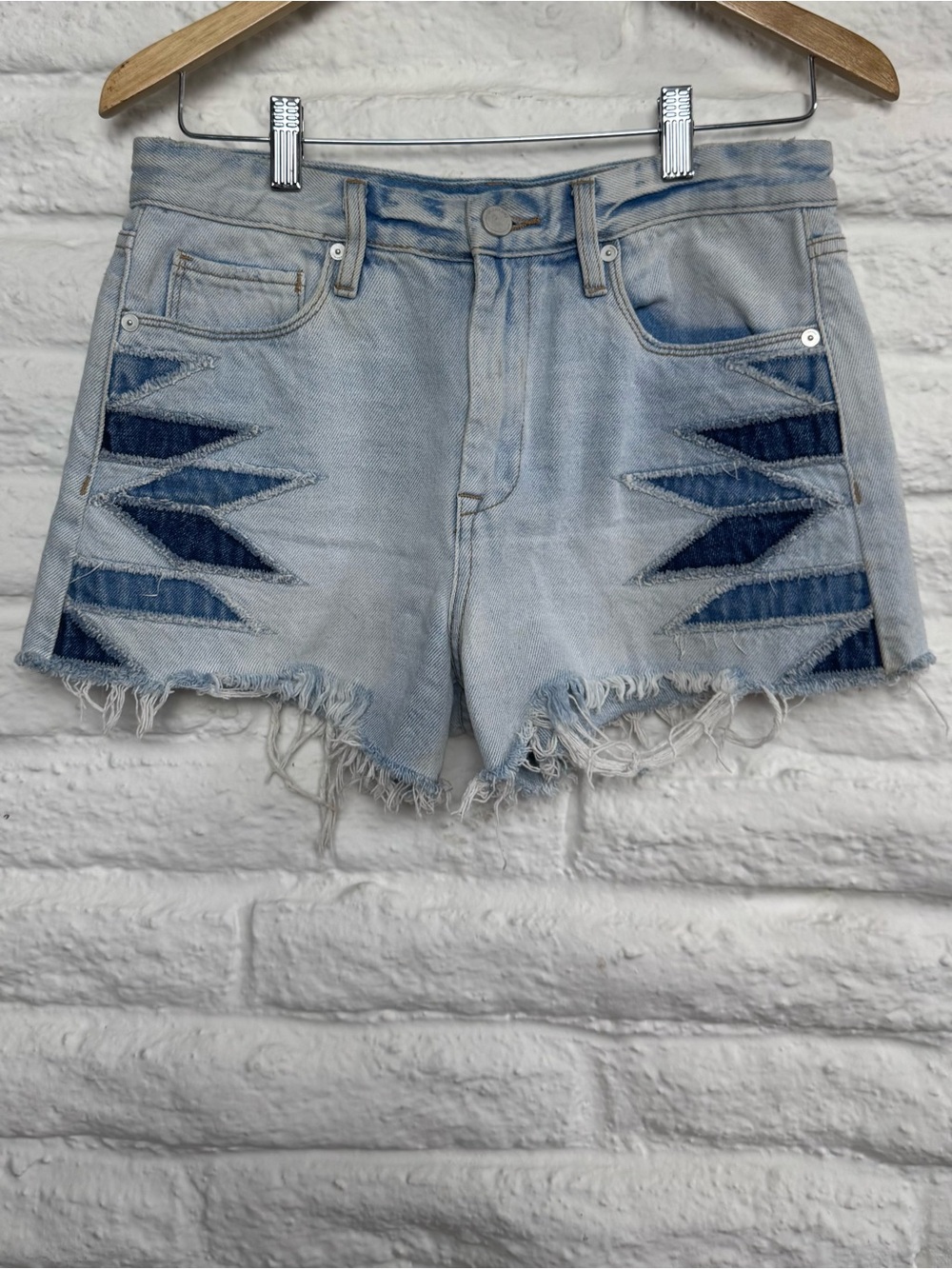 Blank NYC Light Blue Denim Cutoff Shorts with Dark Blue Chevron Insets